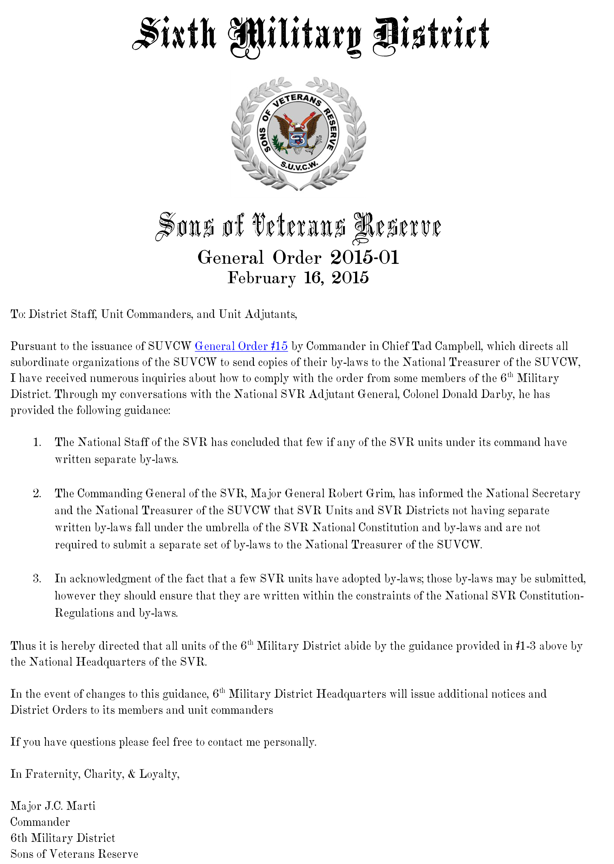Special Orders 6th Military District, Sons of Veterans Reserve
